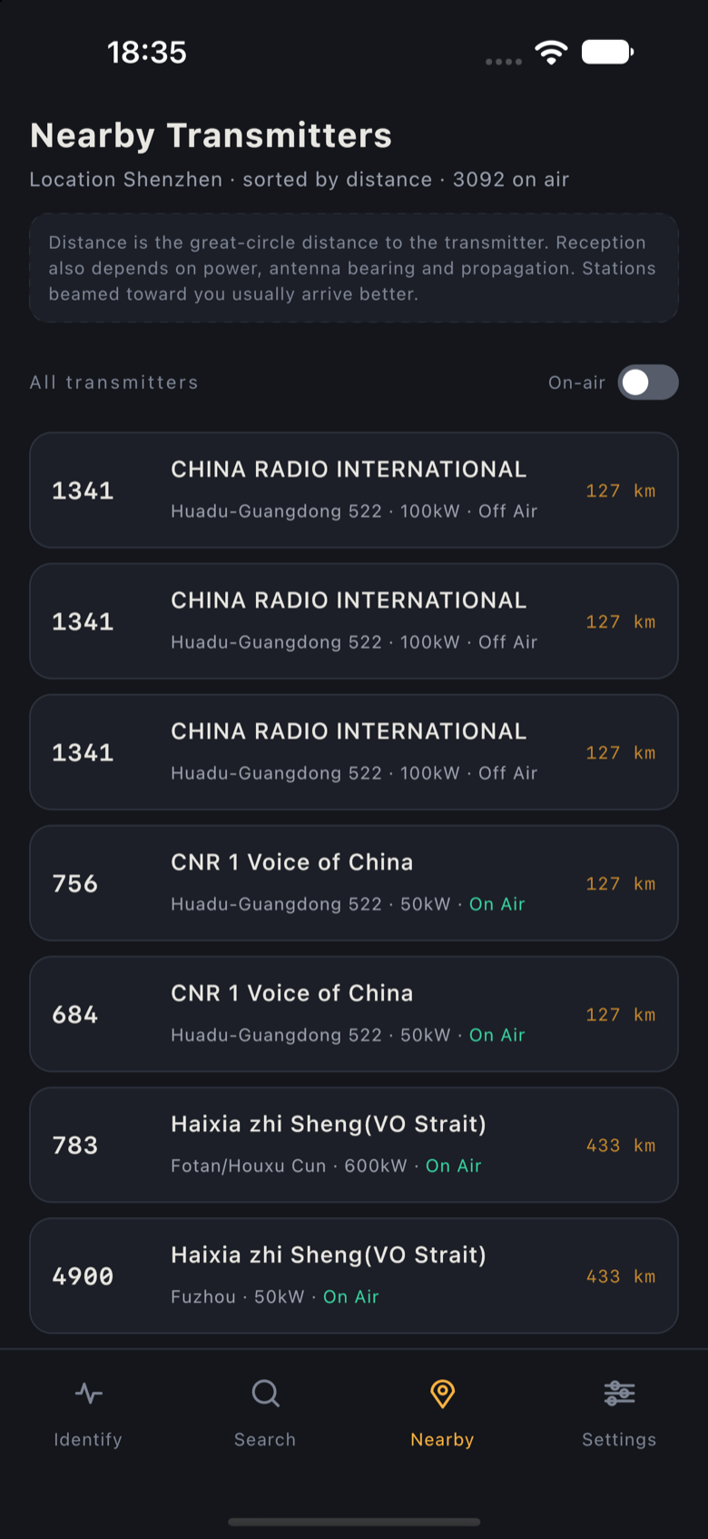 Nearby screen: transmitter sites around Shenzhen